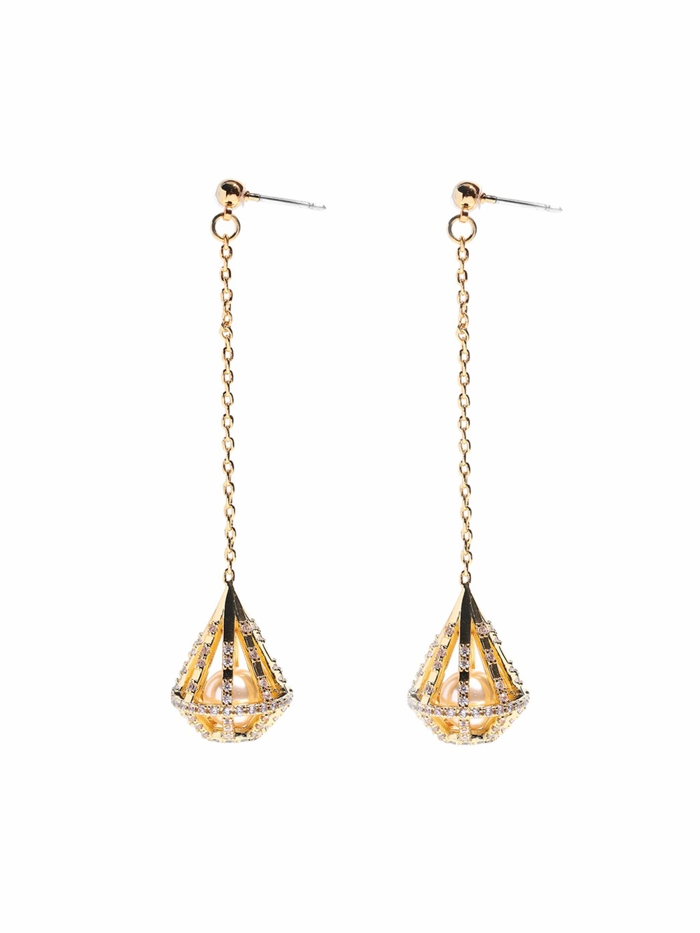 Gold Drop Cage Pearl Dangle Earrings with 925s silver posts